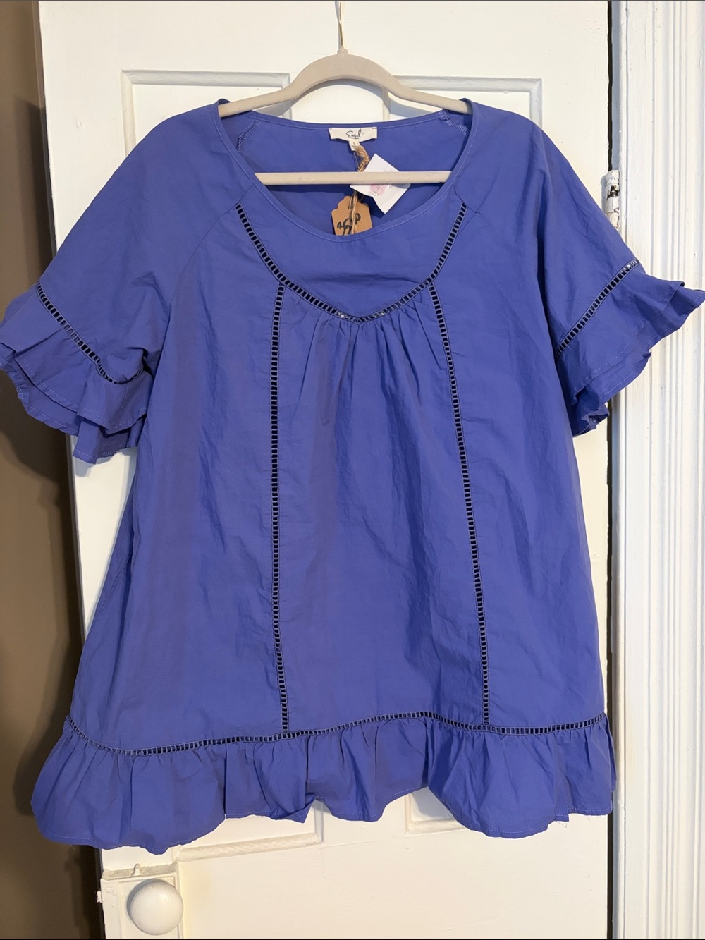 easel Lavender-Blue Ruffle Sleeve Eyelet Trim Top